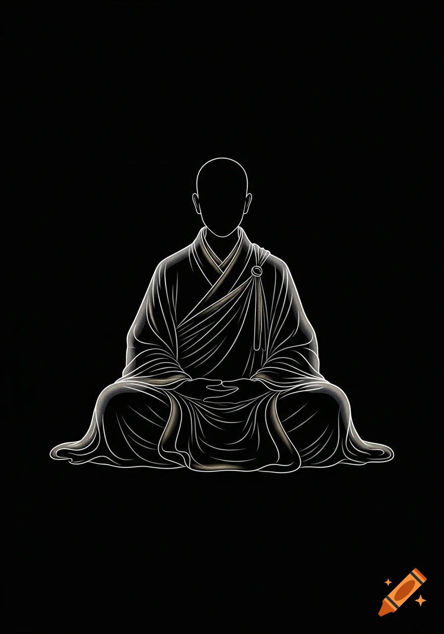 Minimalist line art illustration of a zen monk sitting in meditation against a black background.