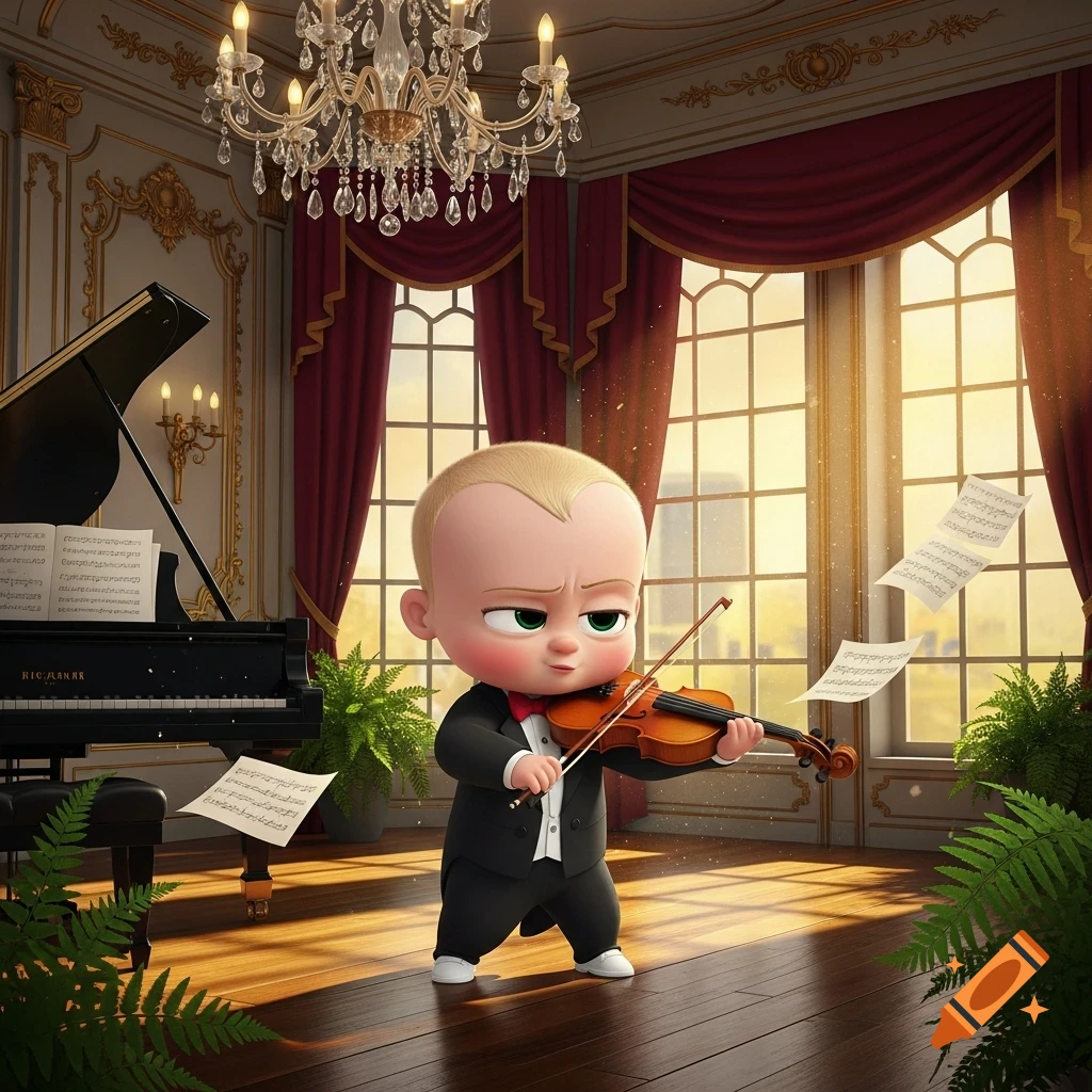 Stylized Boss Baby character in a black tuxedo playing a violin in an elegant, ornate room with a piano, chandelier, and large windows.