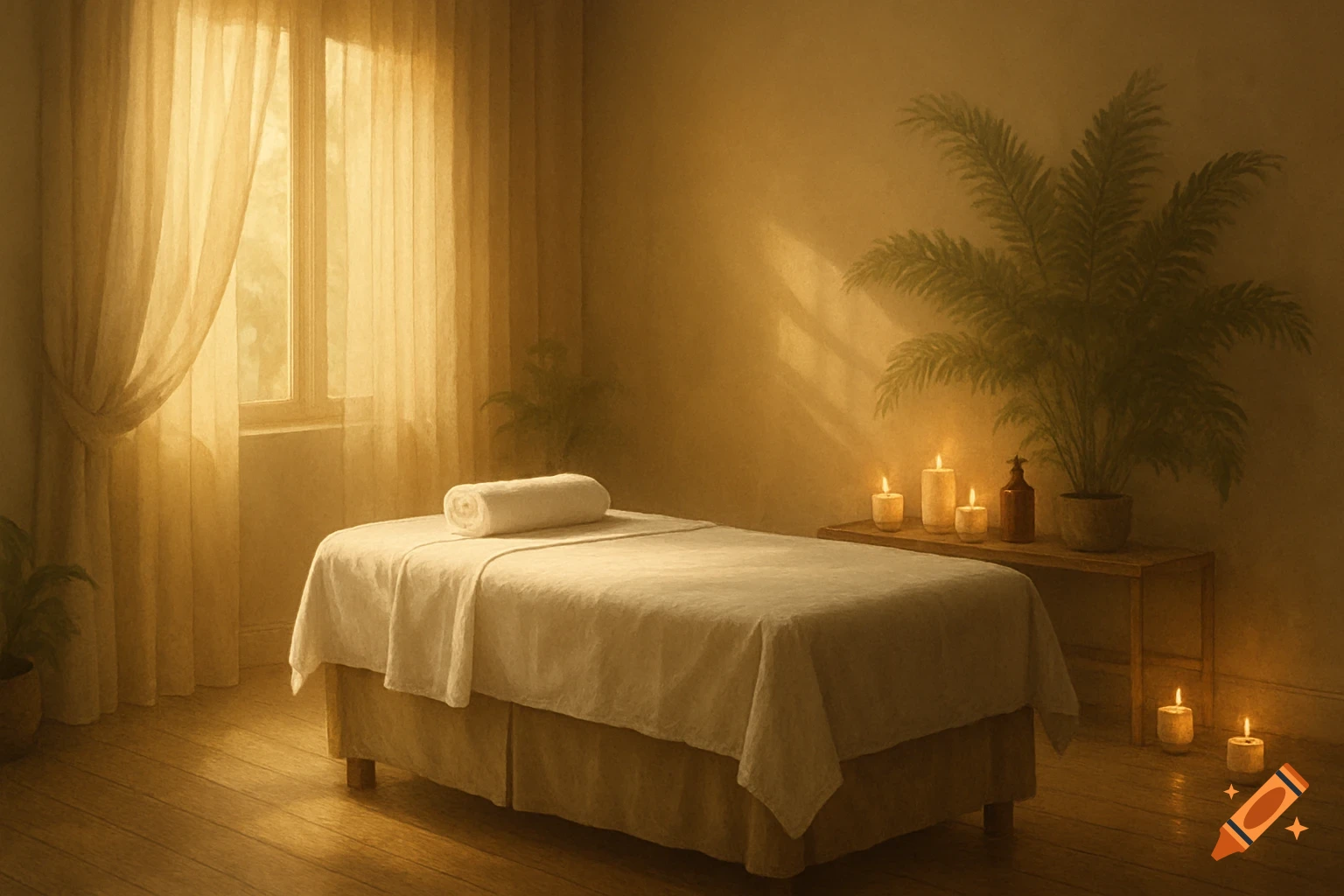 A warmly lit spa room with a massage table, white towels, candles, a potted plant, and sheer curtains on a window.