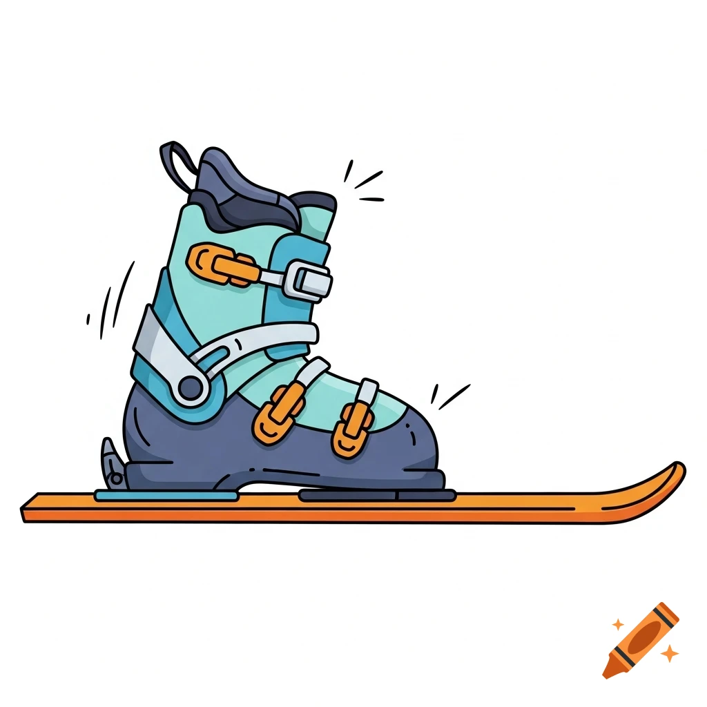 A cartoon clip-art of a light blue and grey ski boot with orange buckles, clicked into an orange ski, glowing slightly to show excitement.