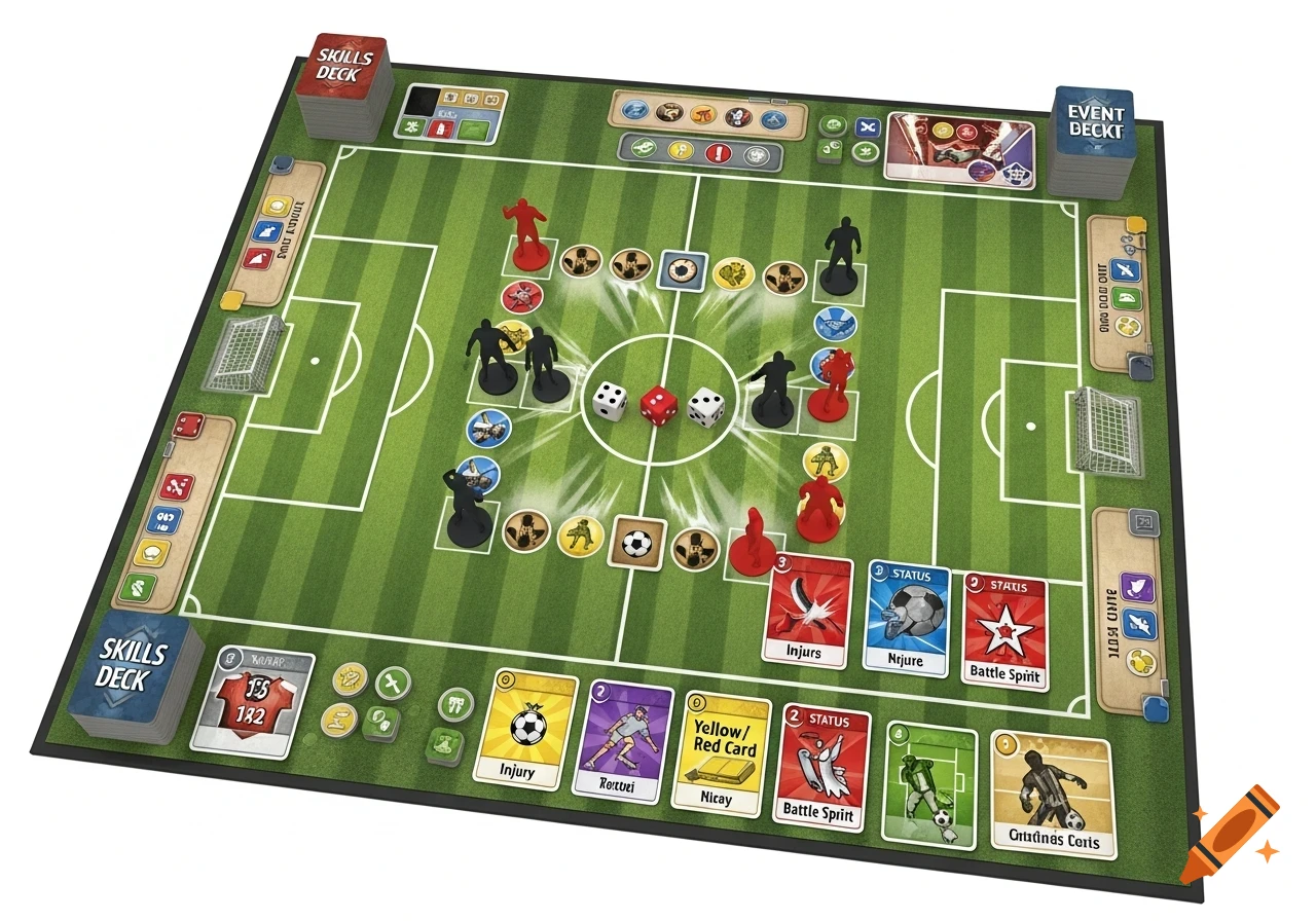 An overhead view of a soccer-themed board game with a green field, red and black player pieces, dice, and various game cards.
