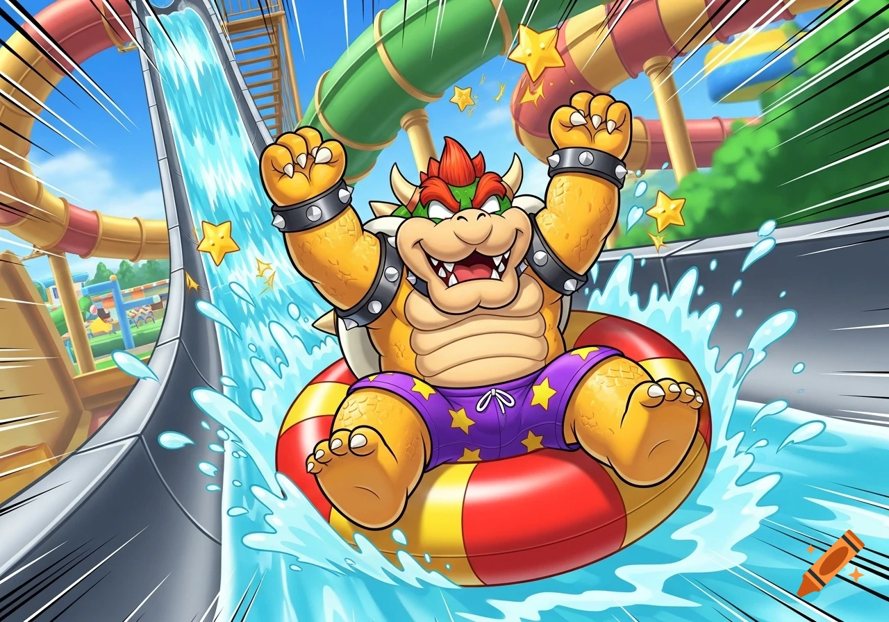 Bowser on a red and yellow innertube, excitedly riding down a water slide at a vibrant cartoon water park.