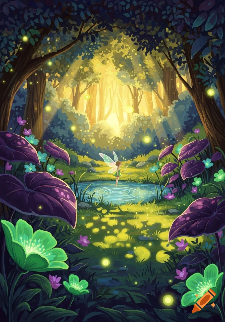 A glowing fairytale forest illustration with a small fairy on a lily pad in a pond, surrounded by large leaves and sunbeams.