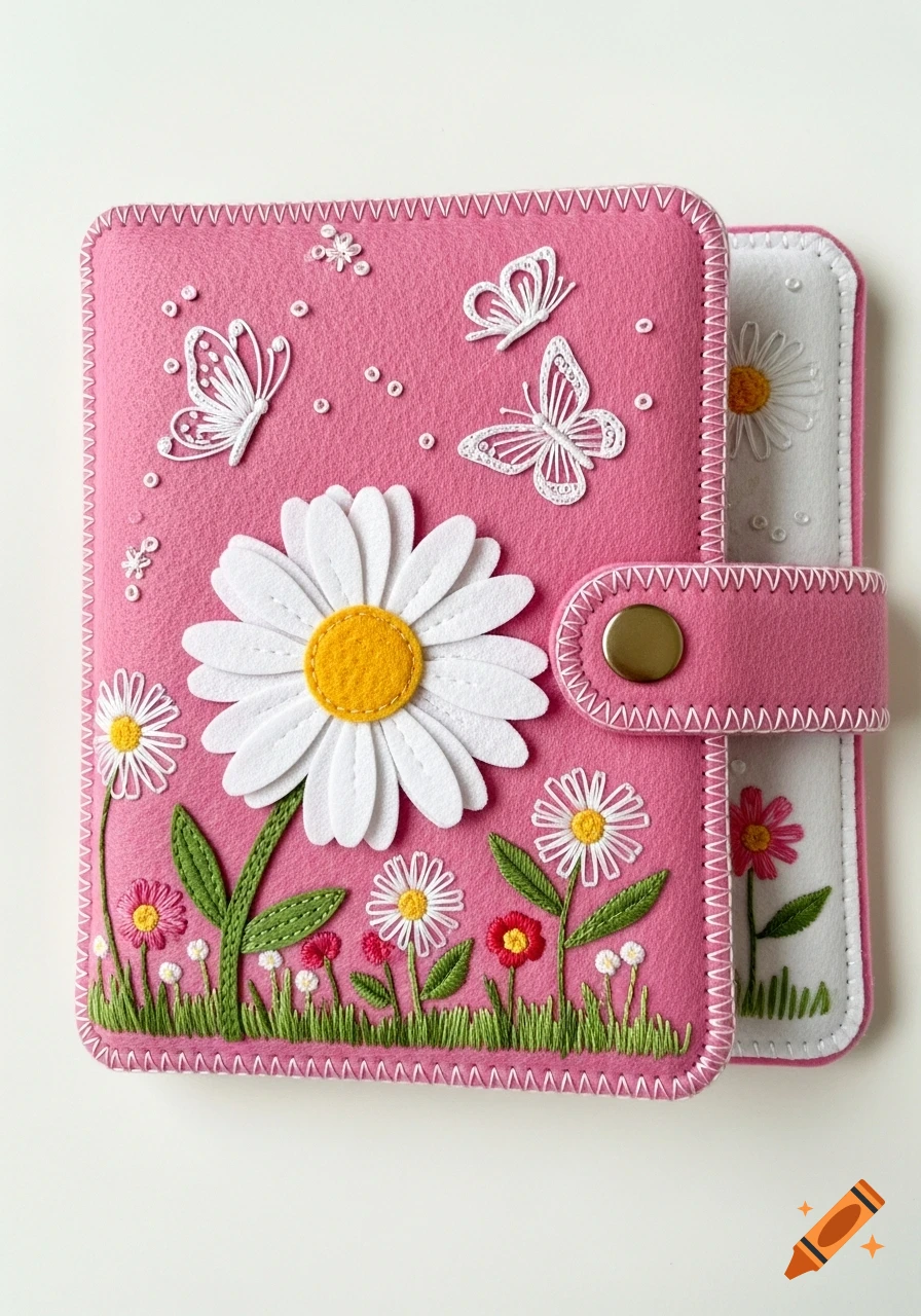A vibrant pink felt needle book decorated with a large white daisy, embroidered white butterflies, and colorful field flowers and grass.