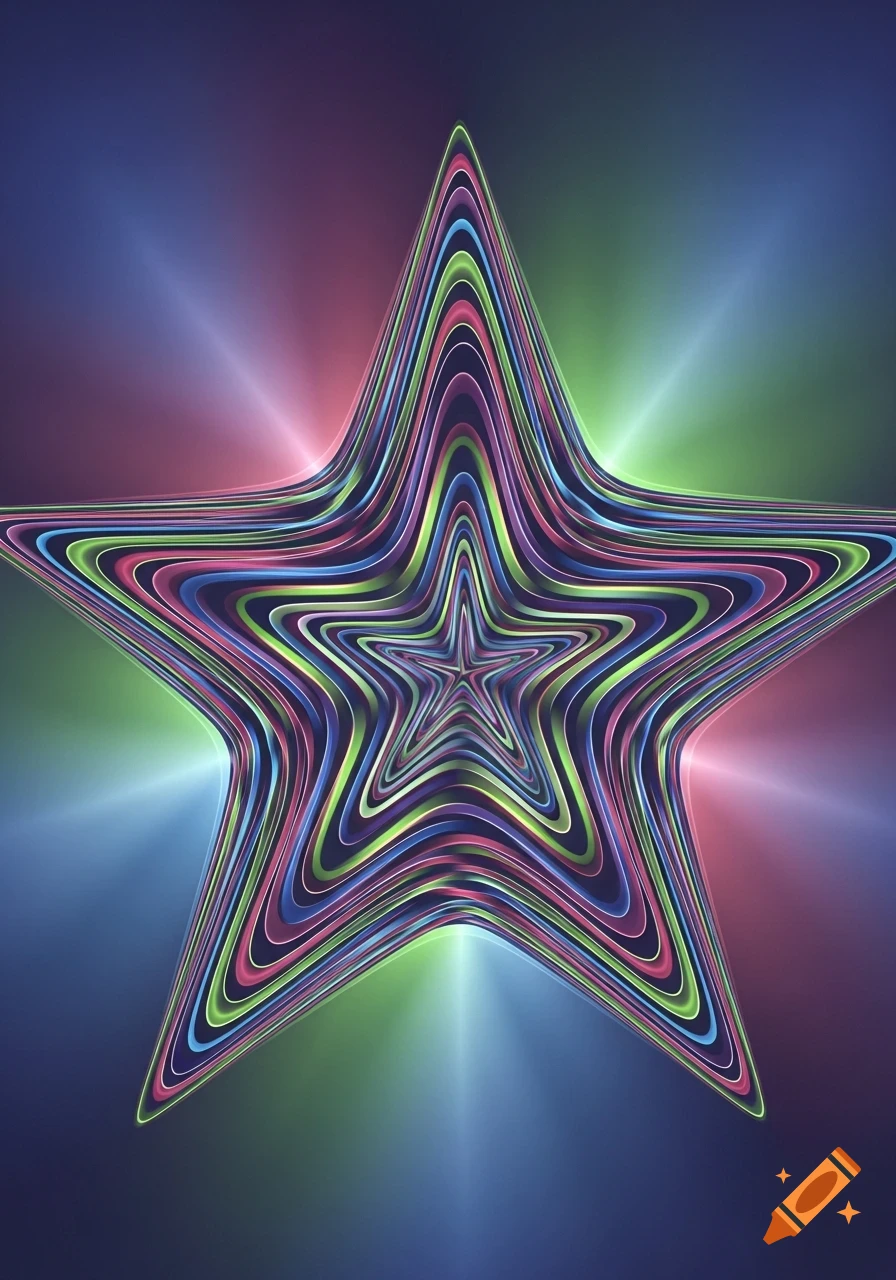 A vibrant, colorful abstract star optical illusion with wavy concentric outlines against a glowing background.