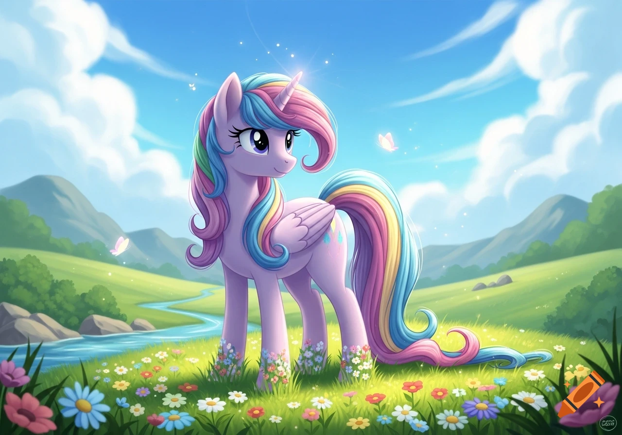 A purple unicorn with a rainbow mane, tail, and wings stands in a vibrant flower field by a river under a blue sky.