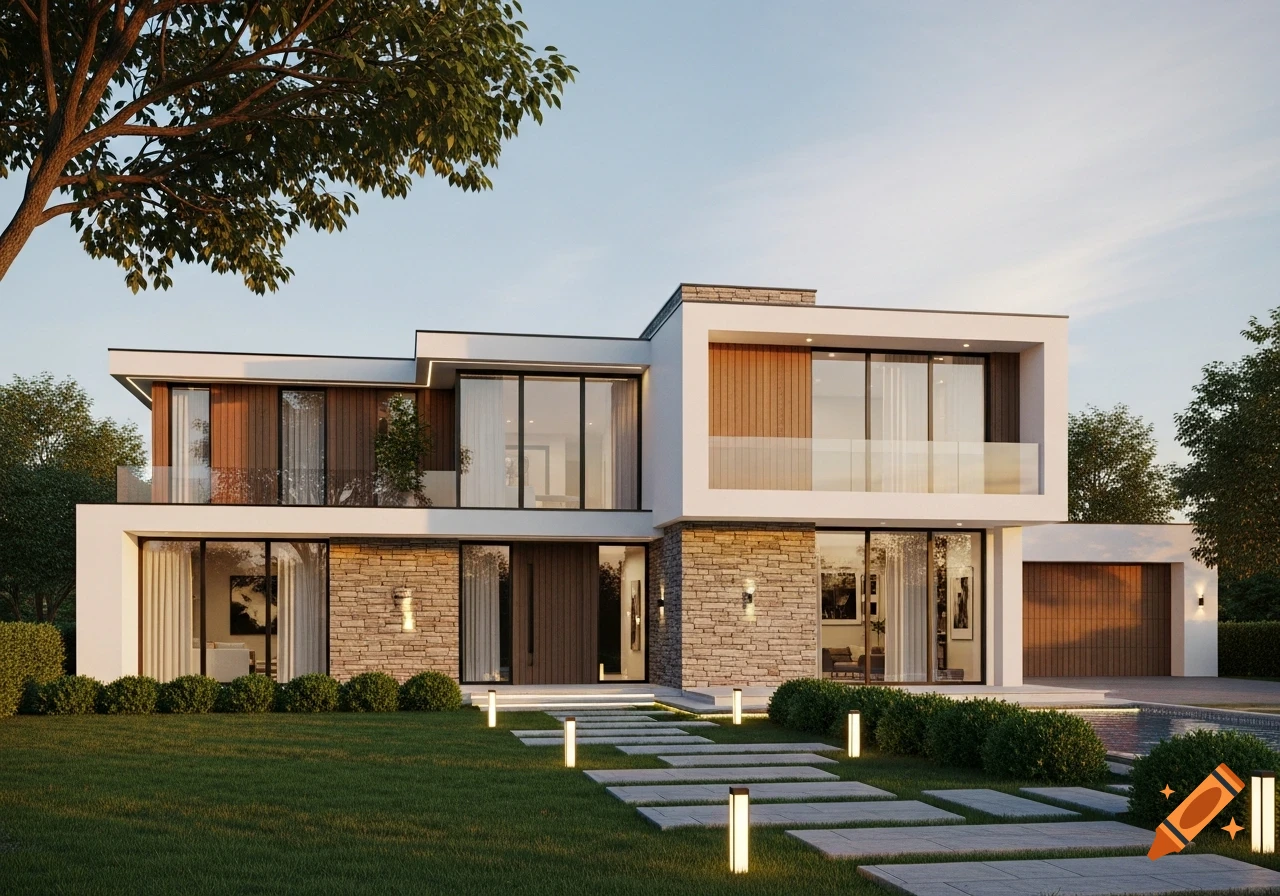 A modern, multi-story house with a white, stone, and wood facade, large windows, a lush green lawn, and a paved pathway with illuminated light posts.