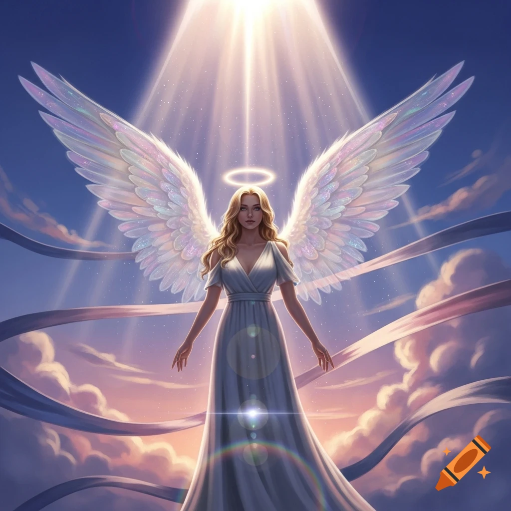 A luminous angel woman with large, shimmering wings and a halo stands in a sky filled with clouds, illuminated by divine light from above.