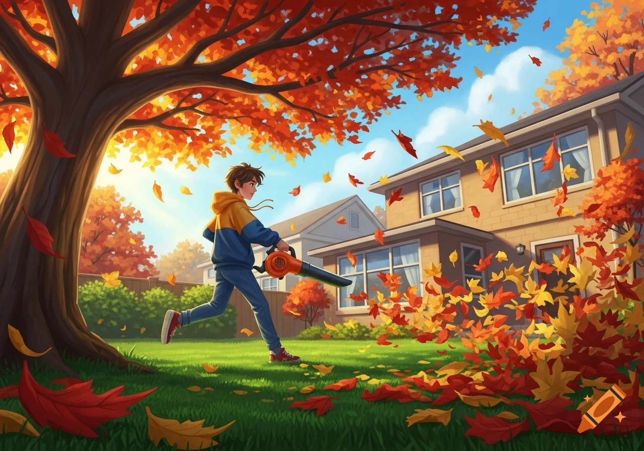 Animated image of a boy using a leaf blower to clear colorful autumn leaves in a backyard with a house.