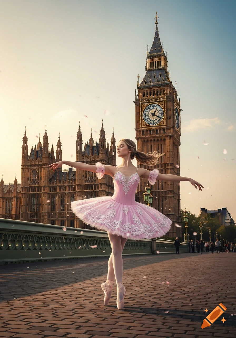 A graceful ballerina in a pink tutu dances en pointe on a bridge with Big Ben and the Houses of Parliament in the background.