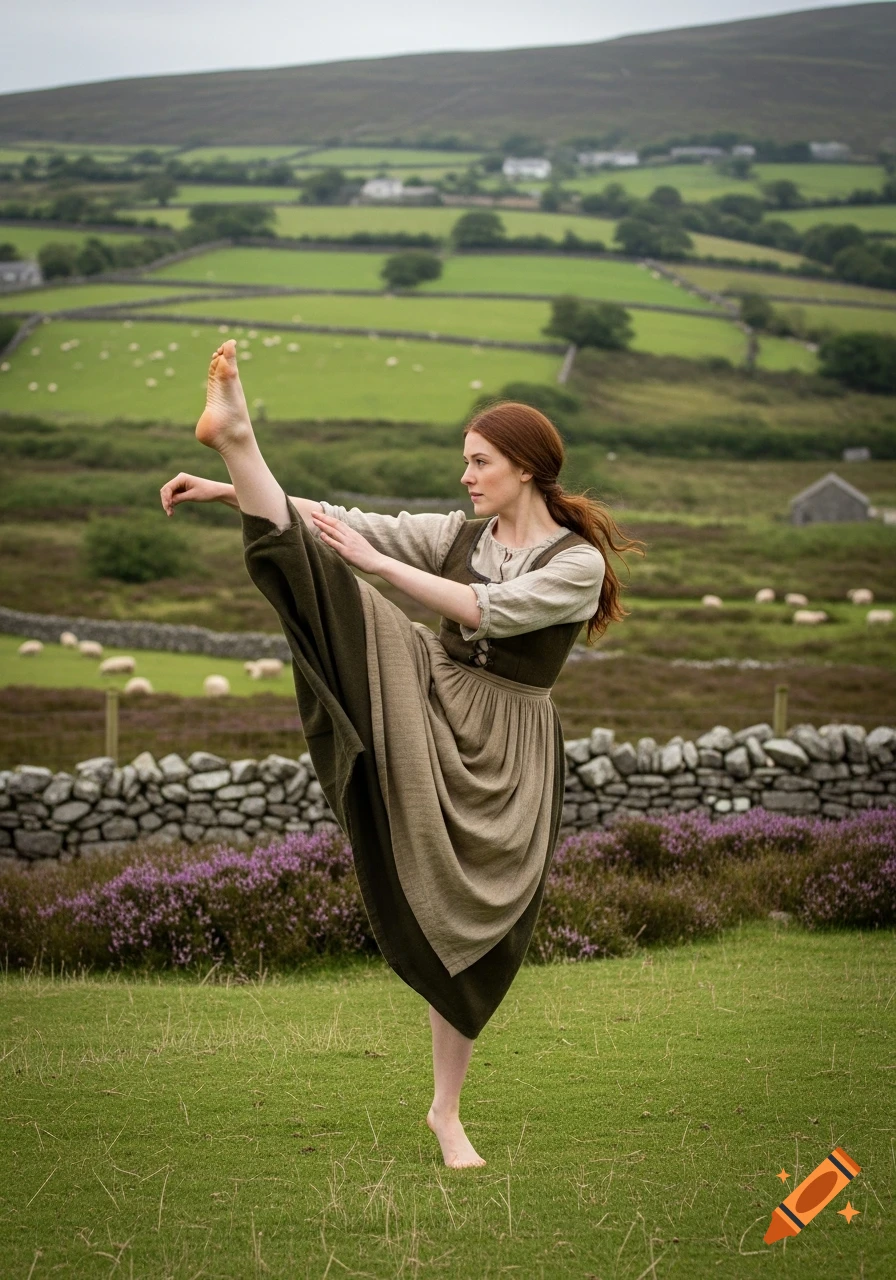 A barefoot woman in a 19th-century dress kicks high in a rural Irish landscape with green fields and a stone wall.