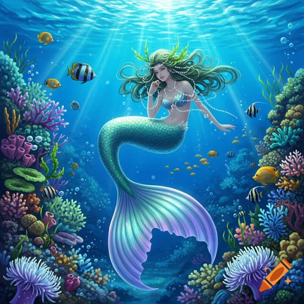 A graceful mermaid with green hair and a shimmering tail floats among vibrant coral reefs and colorful fish in a sunlit blue ocean.