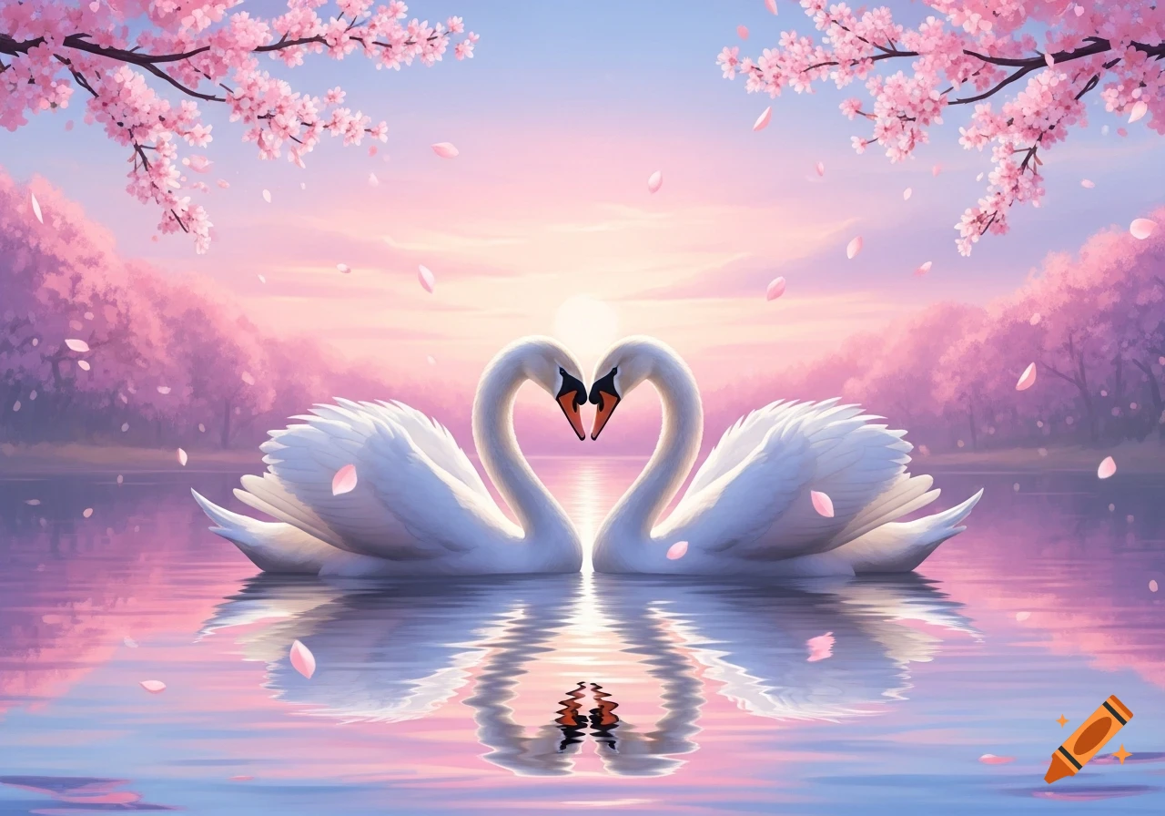 Two white swans form a heart with their necks on a calm lake at sunset, surrounded by pink cherry blossoms.