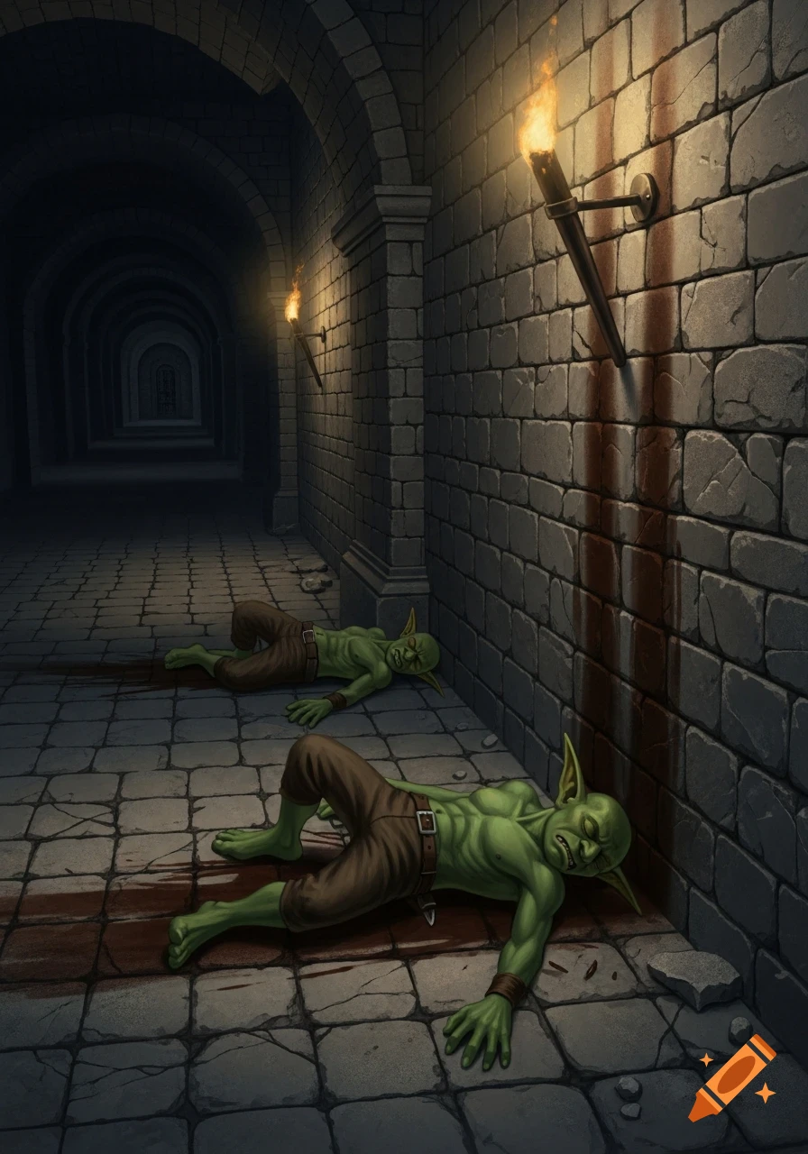 Two dead green goblins lie crumpled on a stone floor in a torchlit dungeon hallway, with blood smears on the ground and wall.