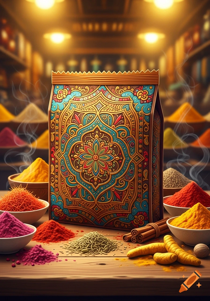 An ornate spice package stands on a wooden table, surrounded by colorful piles of spices like turmeric, chili, and saffron, in a market setting.
