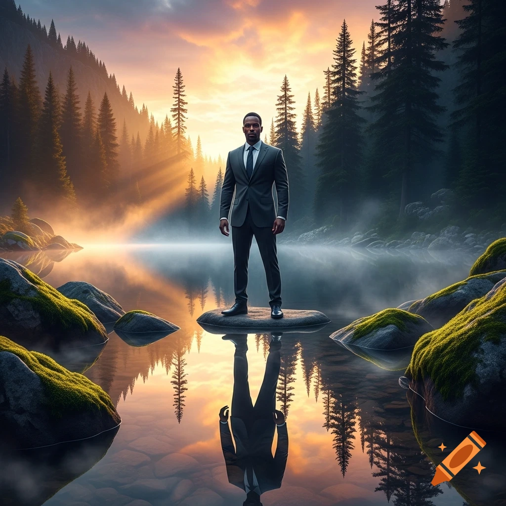 Photorealistic image of a man in a suit standing on a rock in a misty lake at sunrise, surrounded by pine forests and mountains.