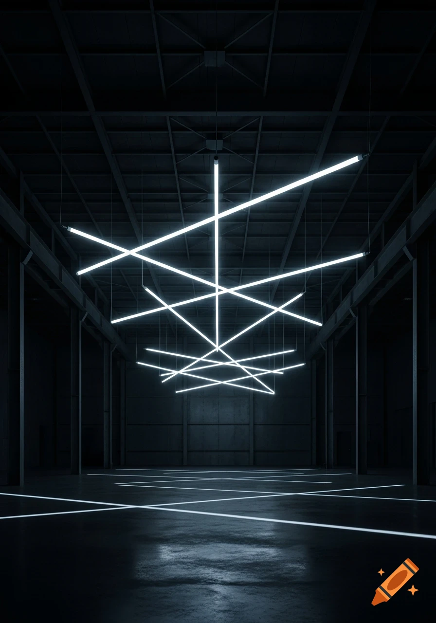 Dark warehouse interior featuring an abstract geometric arrangement of bright white neon tube lights suspended from the ceiling and reflected on the floor.