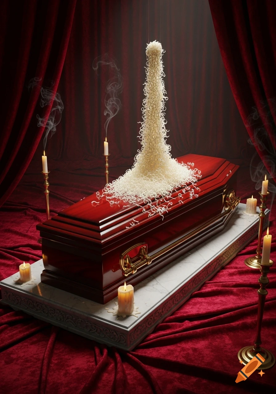 A polished red coffin is covered in a pile of grated Parmesan cheese, surrounded by red drapes and lit candles.