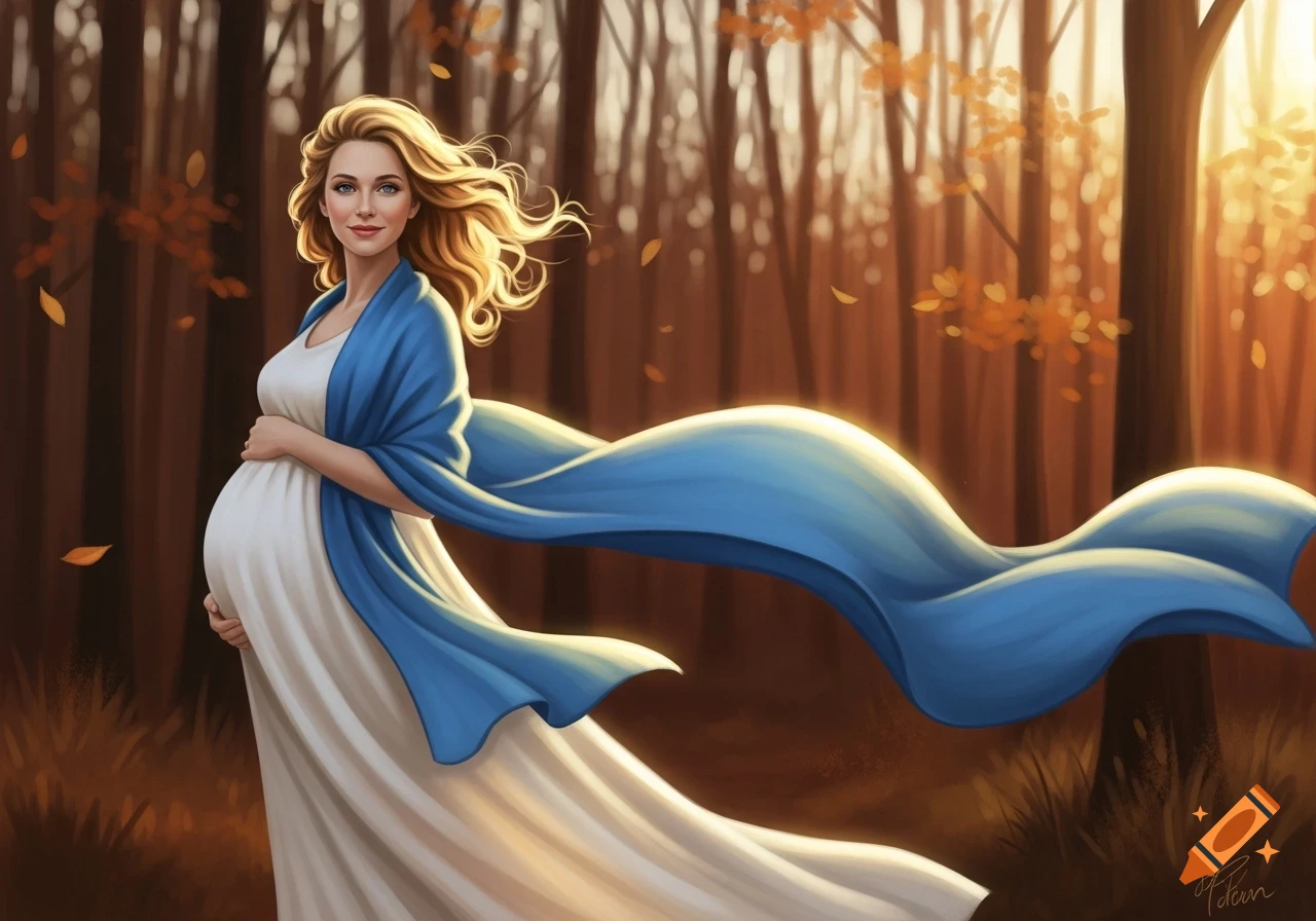 An illustrated pregnant woman in a white dress and flowing blue scarf stands in a sunlit autumn forest, holding her belly.
