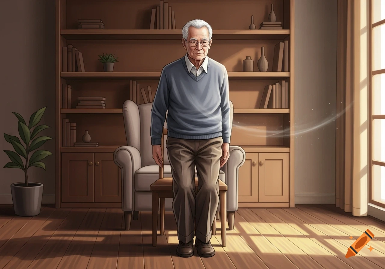 An elderly man in a blue sweater performs a chair stand test in an illustrated living room.