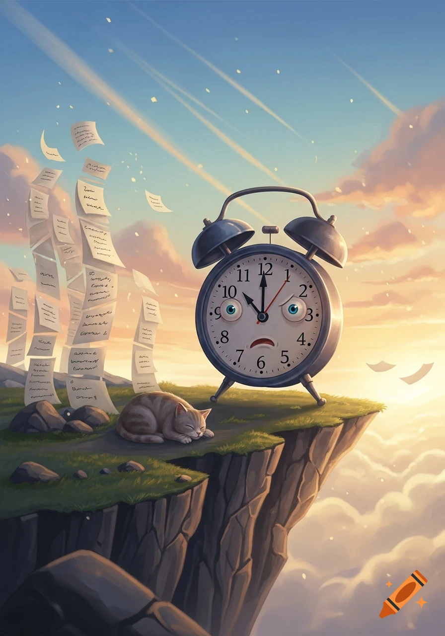 A whimsical illustration shows a worried alarm clock and a sleeping cat on a cliff, with papers flying into a sunset sky.