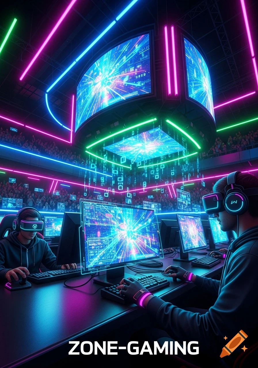 Futuristic esports arena with players in VR headsets at computers, surrounded by neon lights. 'ZONE-GAMING' text at the bottom.