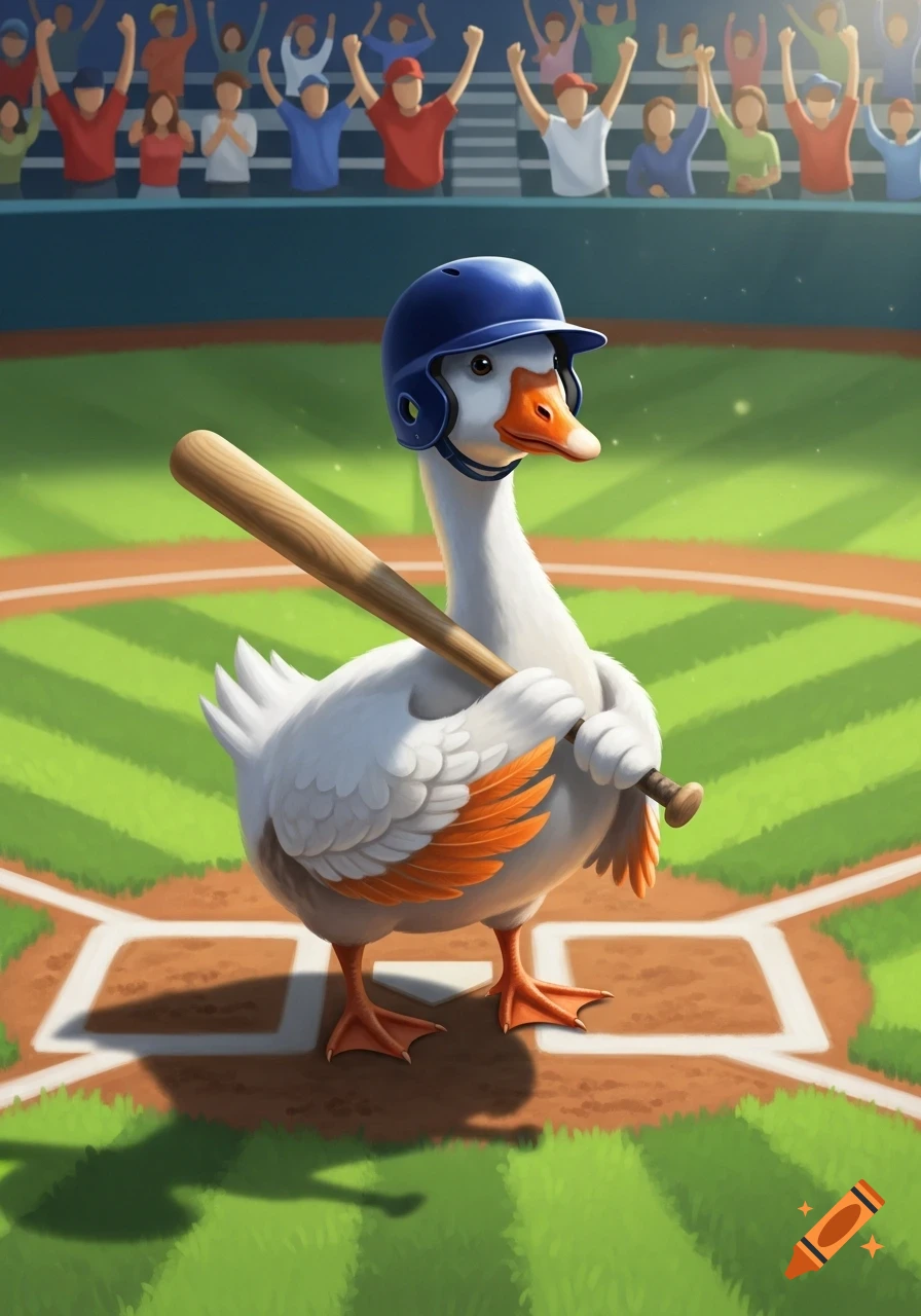 A friendly cartoon goose wearing a blue baseball helmet stands on a baseball field, holding a wooden bat with spectators in the background.