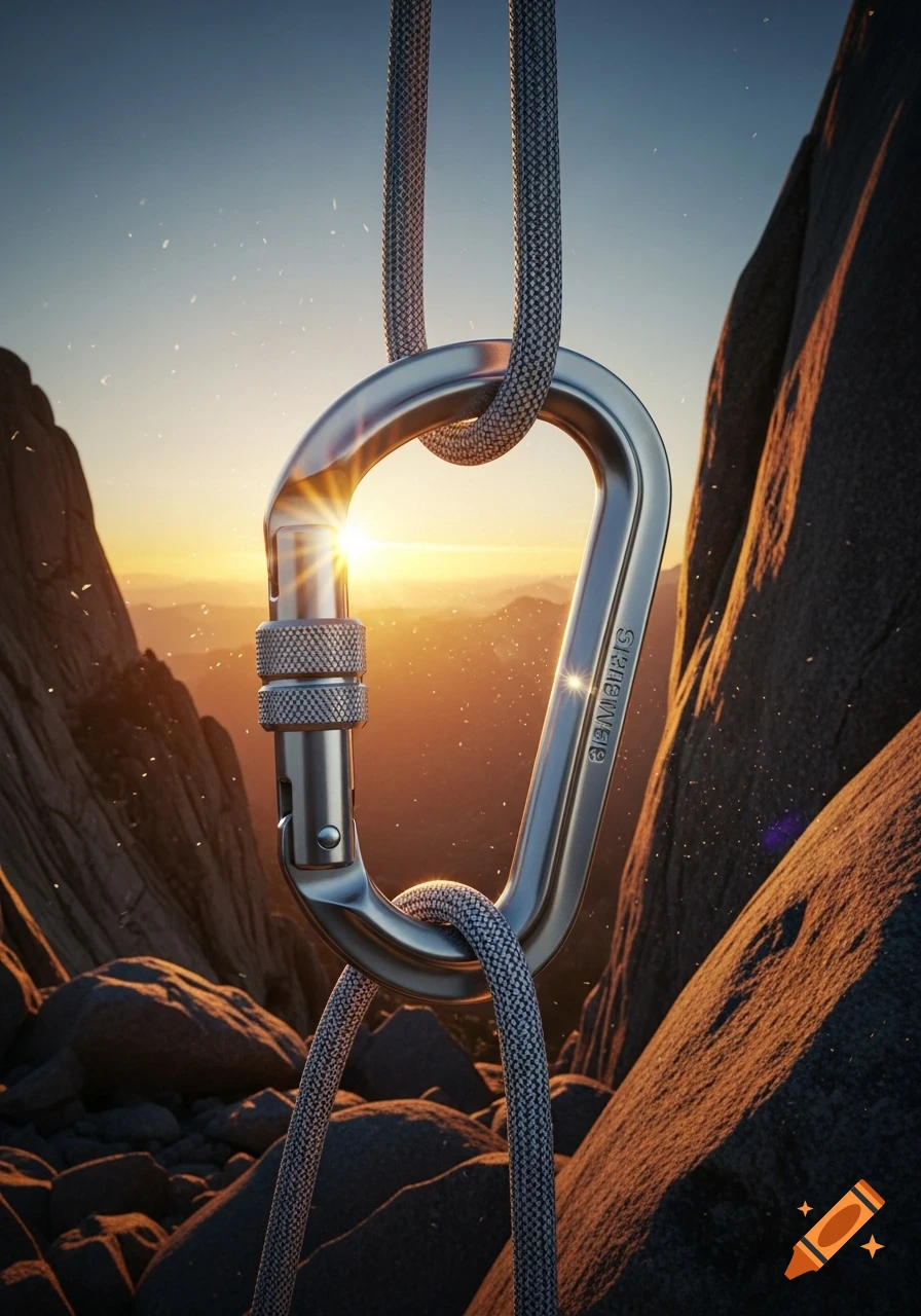 A close-up, photorealistic shot of a silver climbing carabiner and rope against a vibrant mountain sunset.