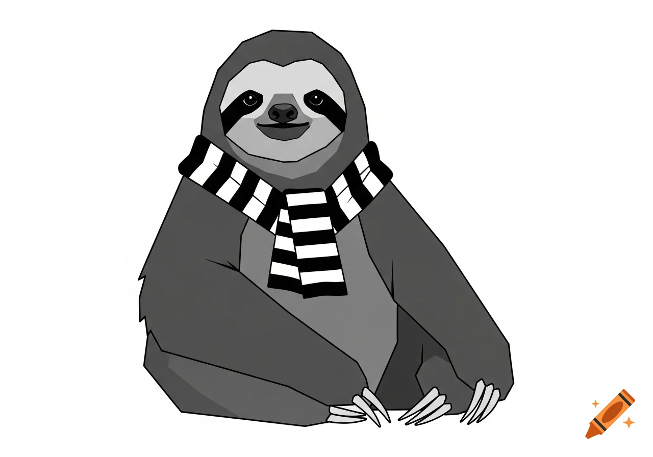 A geometric sketch illustration of a sloth in grayscale, sitting and wearing a black and white striped scarf.