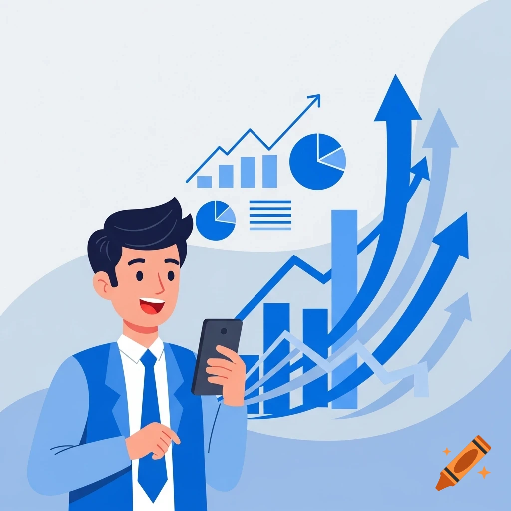 Happy flat design cartoon businessman looking at a smartphone with rising business growth charts and arrows behind him.