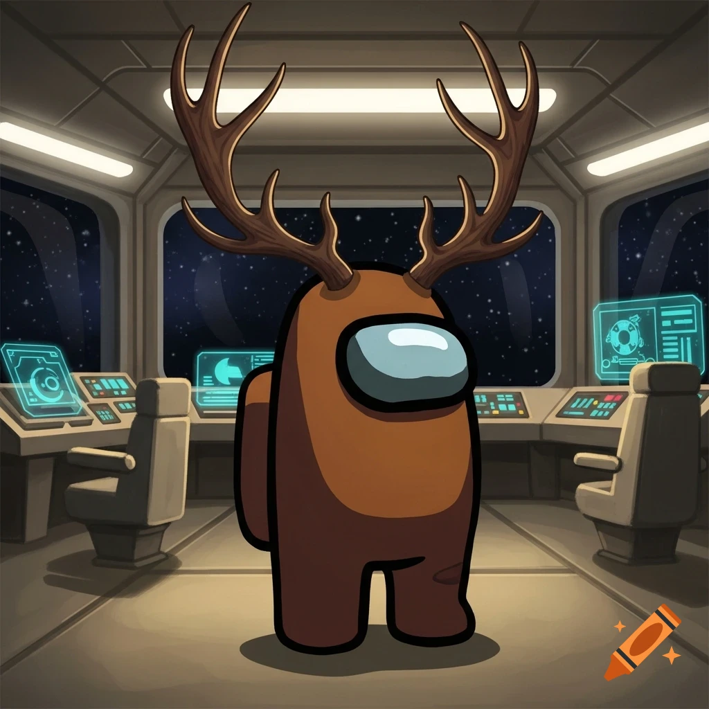 A brown Among Us character with deer antlers stands in a spaceship cockpit, with control panels on either side and a view of stars outside the windows.