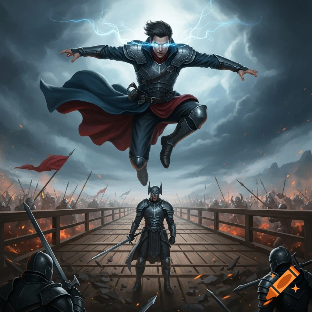 A man in dark armor with glowing eyes and lightning energy jumps over a wooden bridge. Another armored figure stands on the bridge amidst a fiery battlefield with armies.