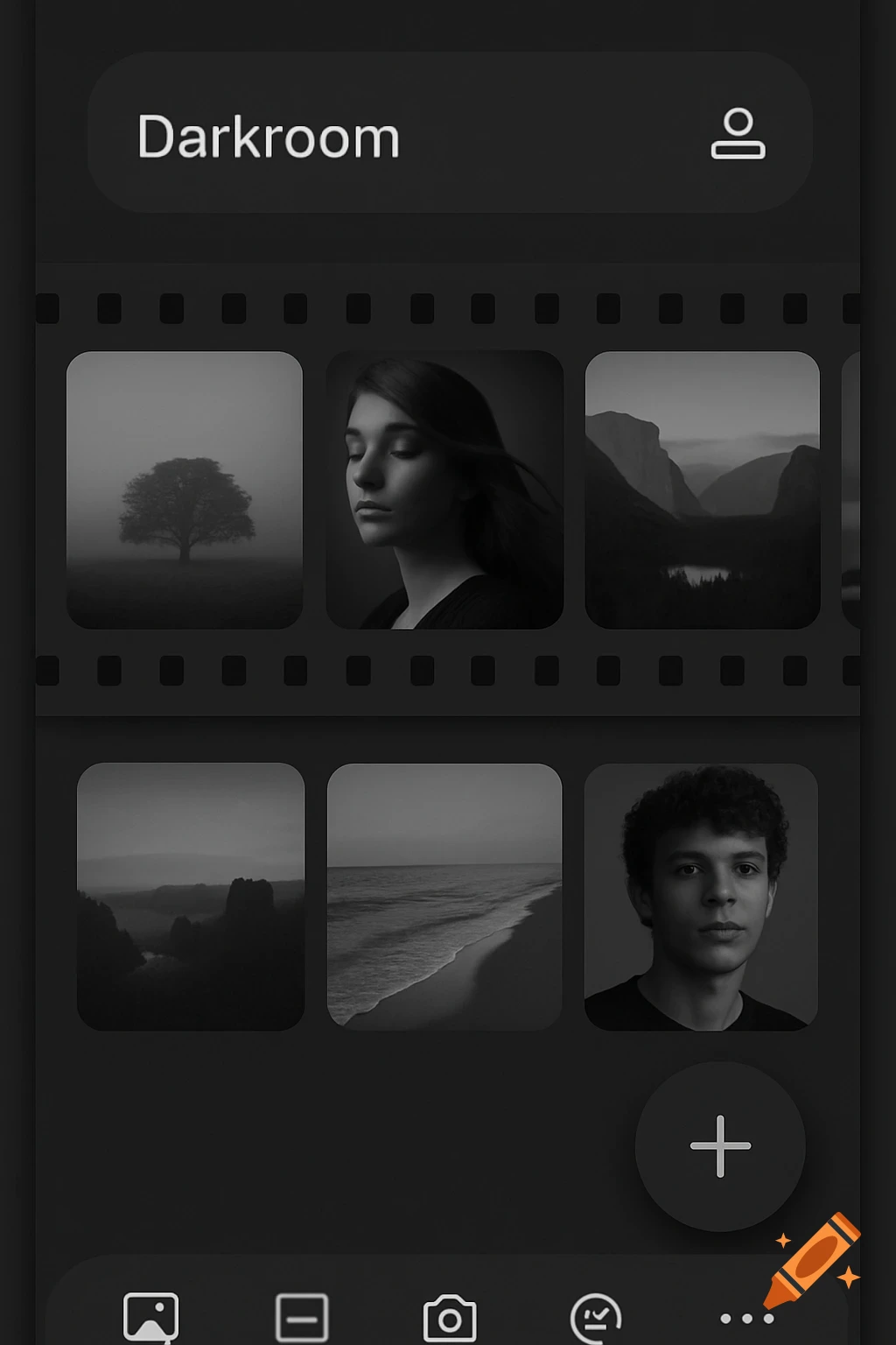 A dark mode mobile app screenshot for a photography application called Darkroom, displaying a grid of grayscale landscape and portrait photos, a plus button, and a bottom navigation bar.