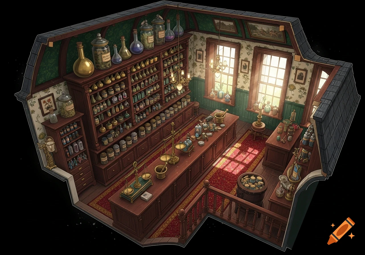 A detailed, isometric view of a Victorian London apothecary, filled with shelves of bottles, jars, and scales with a cutaway roof.