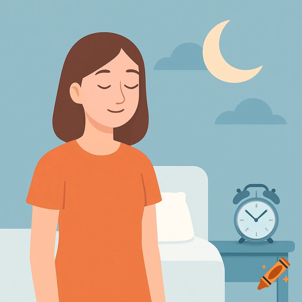 Flat vector illustration of a young woman with closed eyes in an orange t-shirt by a bed with an alarm clock and crescent moon.