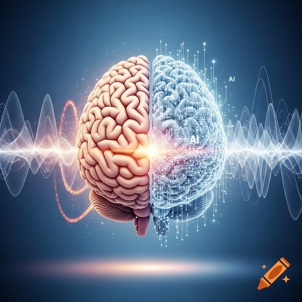 A glowing digital brain, half organic and half circuits with AI text, surrounded by light waves on a blue background.