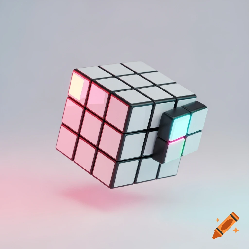 A minimalistic 3x3 Rubik's cube with glowing pink and cyan squares, partially deconstructed, on a clean white background.