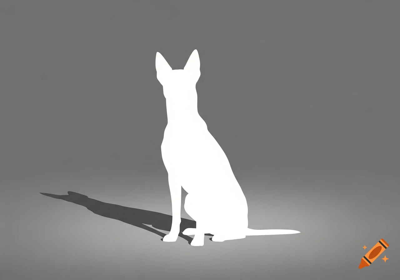 White silhouette of a sitting dog with pointed ears and a tail, casting a dark shadow on a grey background.