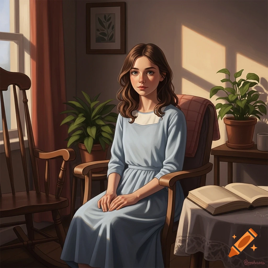 A woman with long brown hair in a light blue dress sits in a sunlit room with plants, a rocking chair, and an open book.