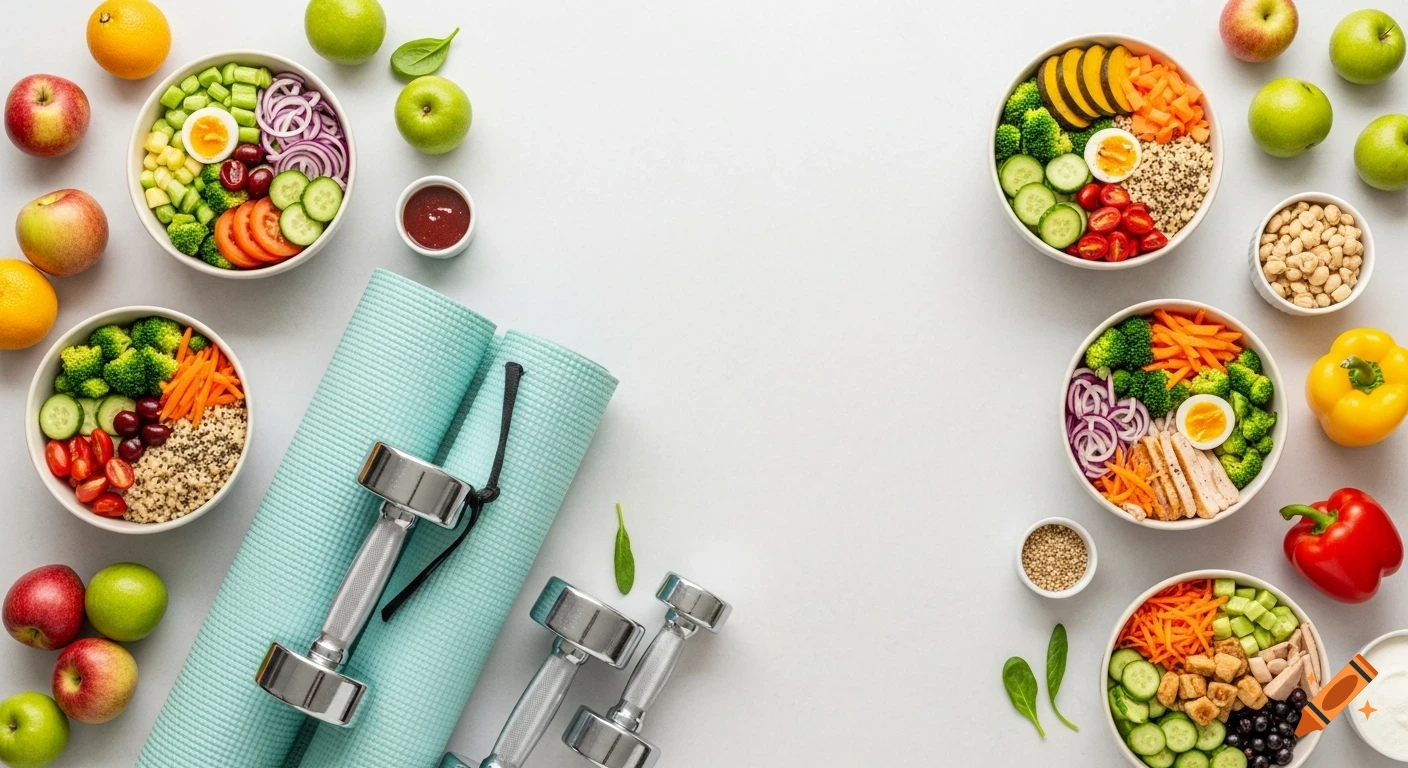 Flat lay of colorful healthy meal bowls, various fruits, a blue yoga mat, and silver dumbbells on a light background.