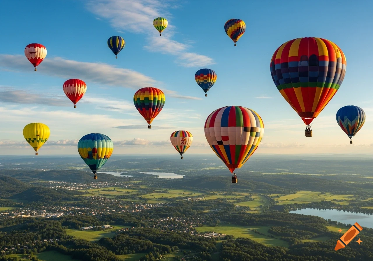 Numerous colorful hot air balloons float over a lush green landscape with forests, fields, towns, and lakes under a bright blue sky.