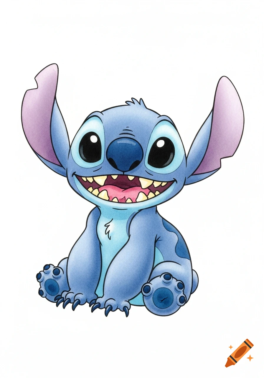 A happy watercolor illustration of the blue alien character Stitch, sitting with a wide grin on a white background.