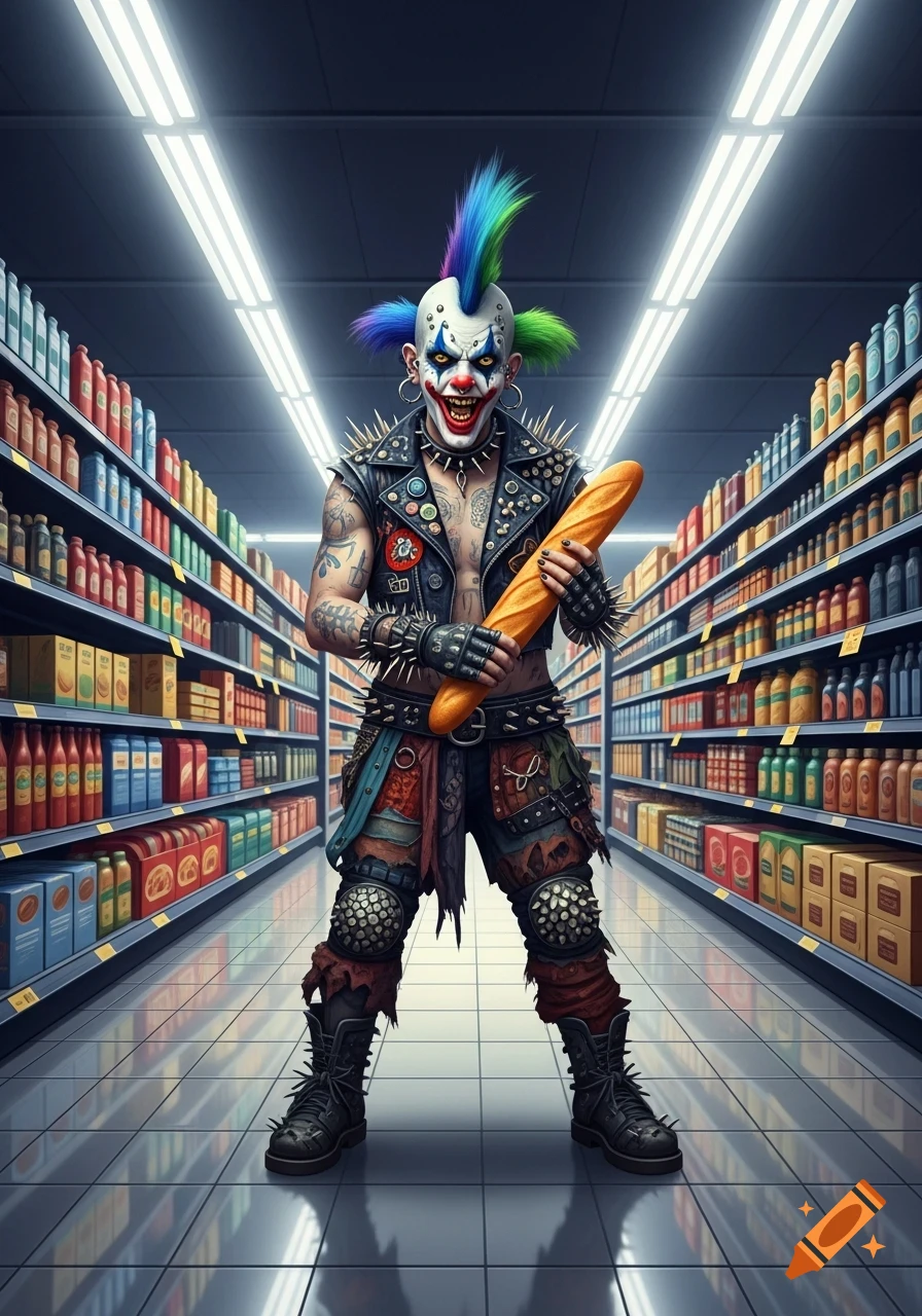 A punk clown with a colorful mohawk and spiked leather vest stands in a brightly lit supermarket aisle, holding a baguette.