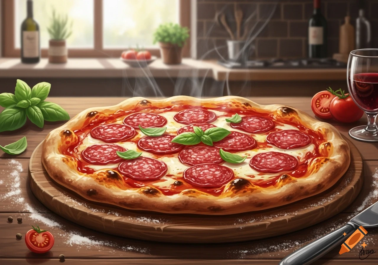 A steaming hot pepperoni pizza with fresh basil leaves on a wooden board in a kitchen setting with tomatoes and wine.