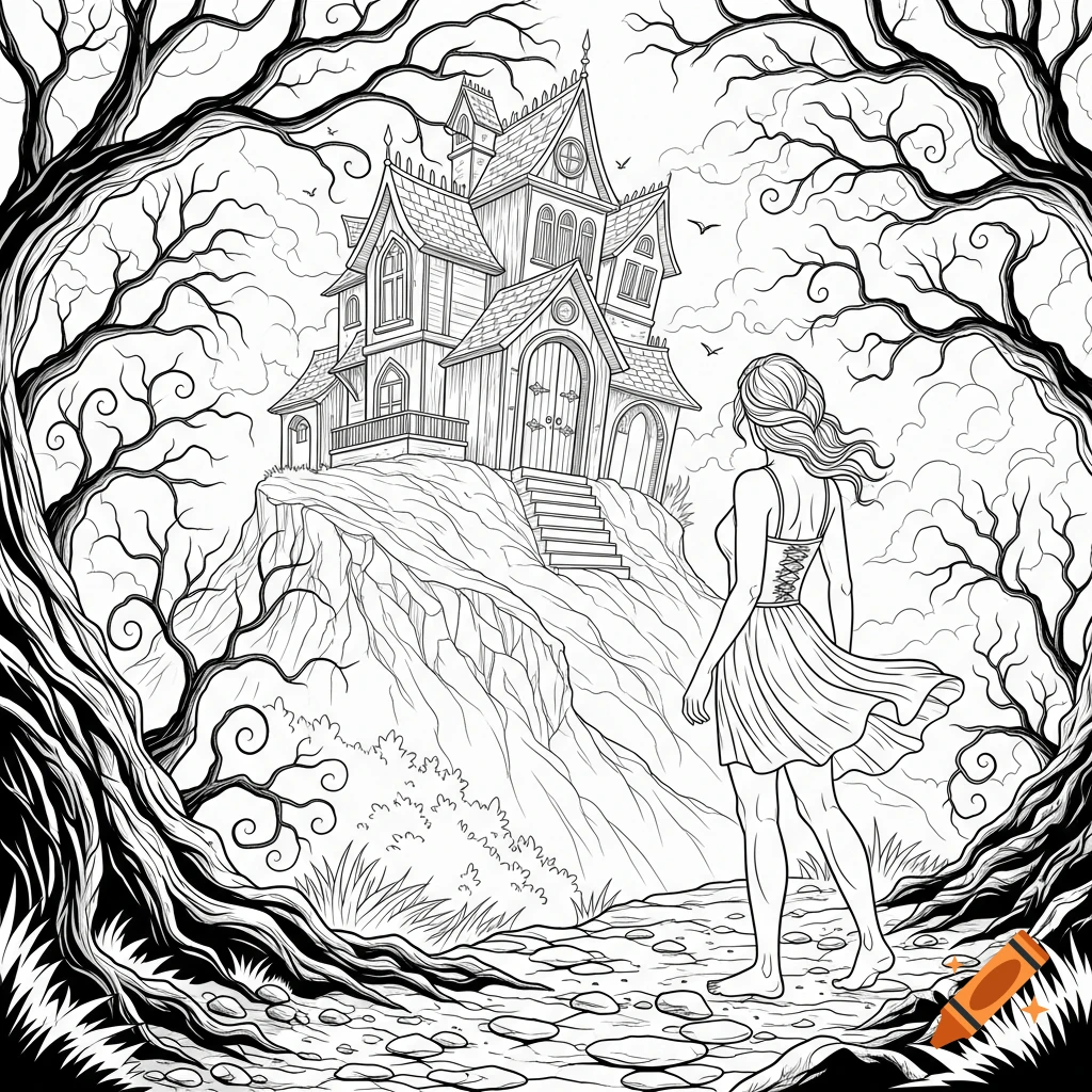 Black and white coloring book page of a woman in a sundress facing a haunted house on a hill, surrounded by spooky trees.