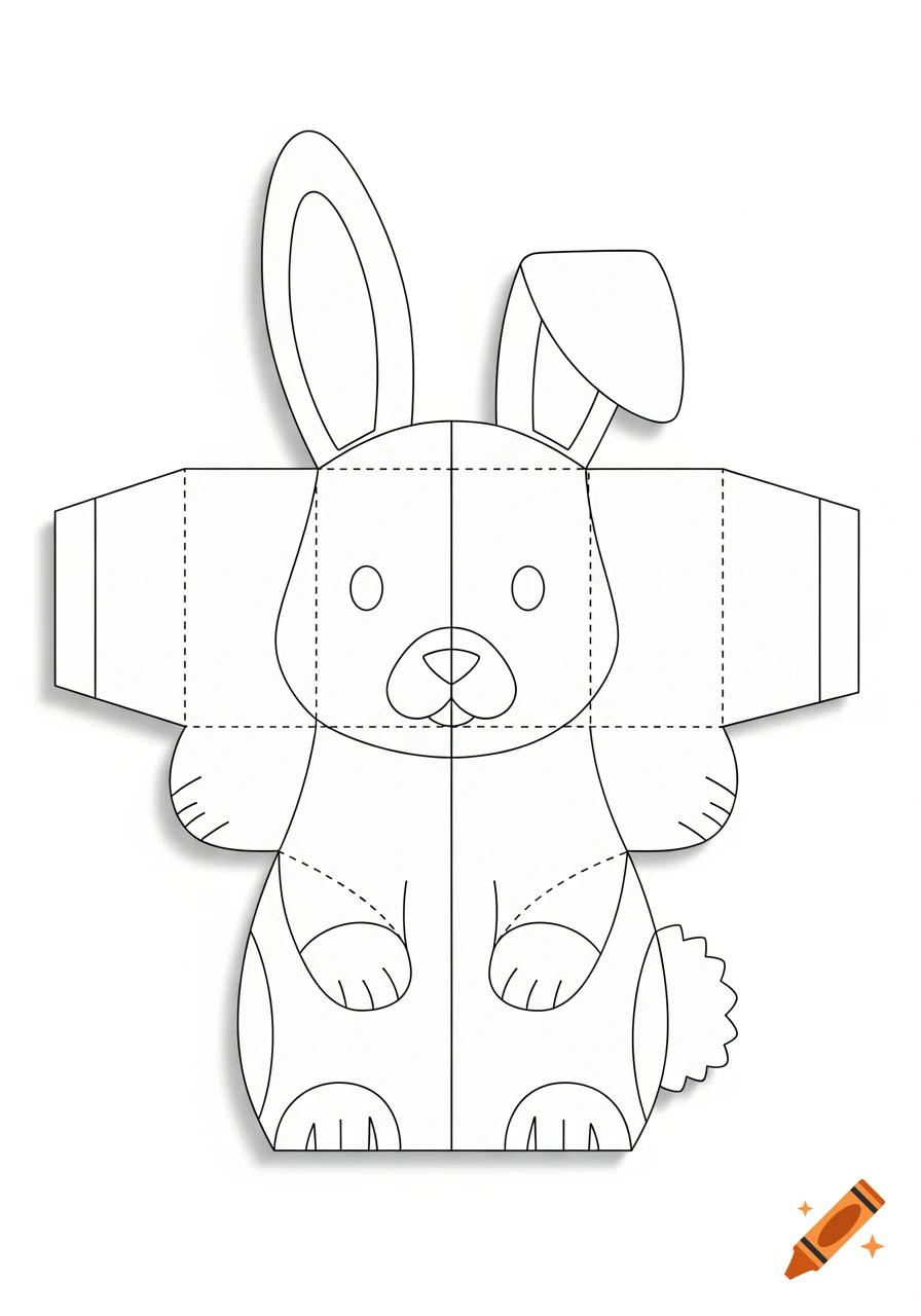 Line art template for a paper craft bunny, viewed from the front, with fold lines.