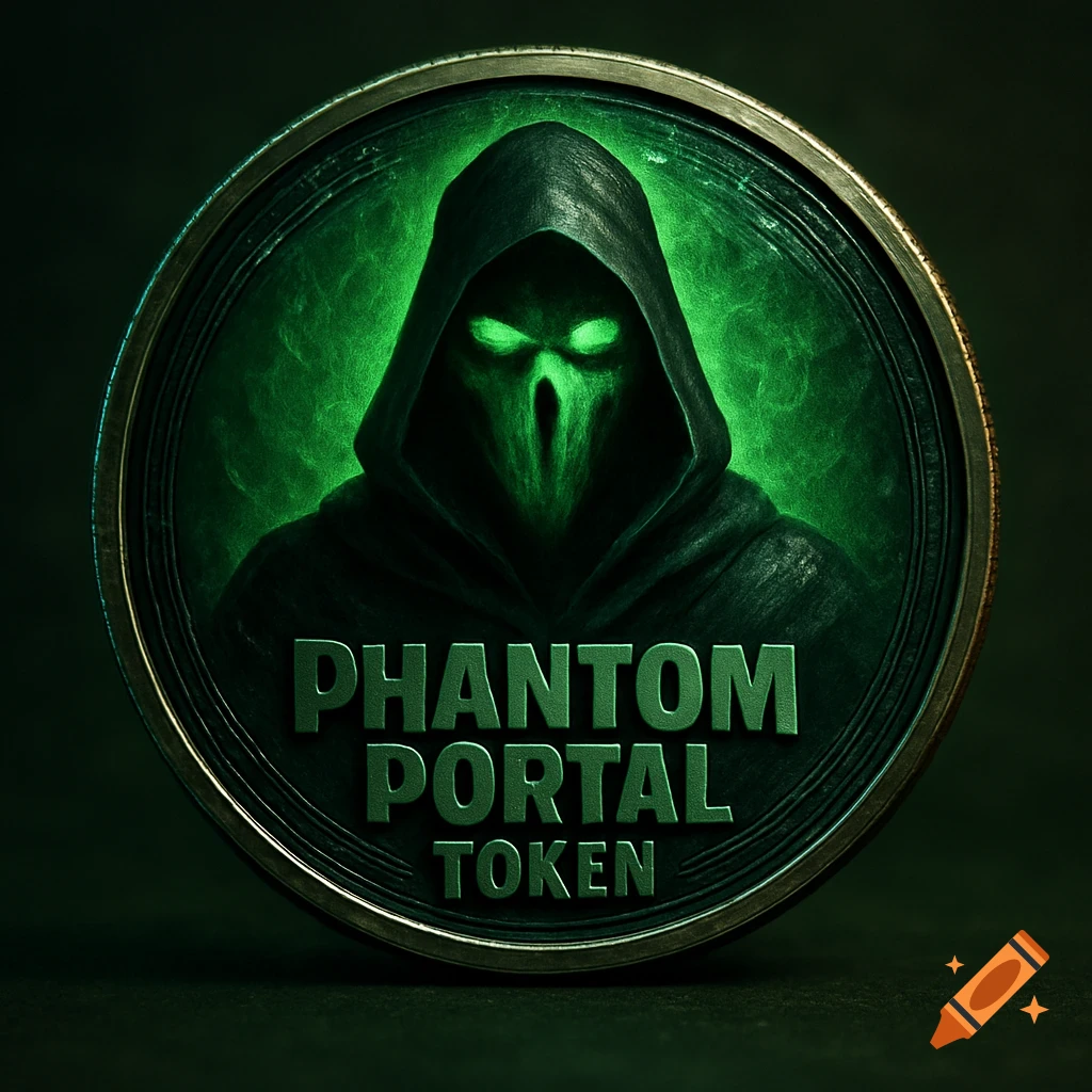 A dark green and black coin featuring a hooded ghoulish figure with glowing eyes and the text 'PHANTOM PORTAL TOKEN'.
