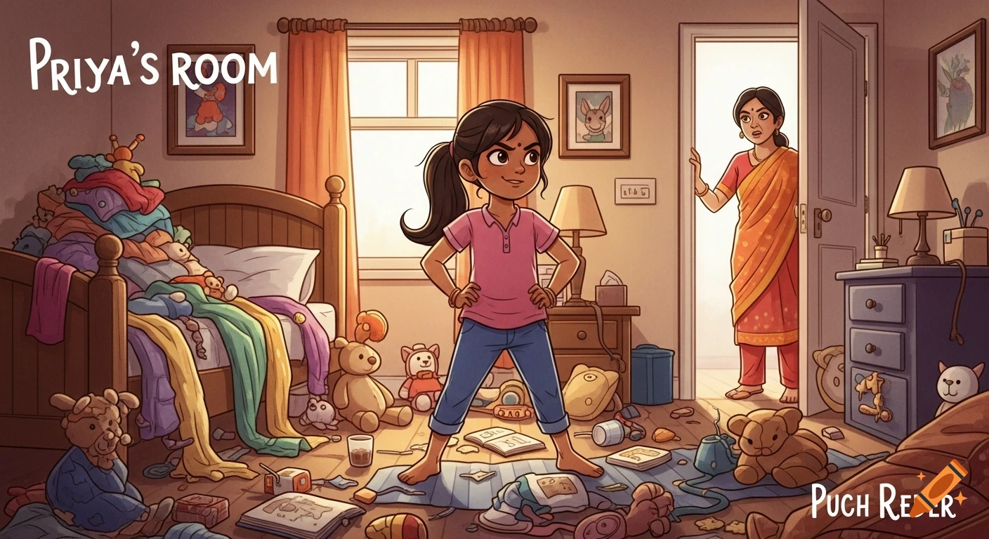Storybook illustration of a young Indian girl in a messy room, hands on hips, while her angry mom stands in the doorway. Text reads "PRIYA'S ROOM".