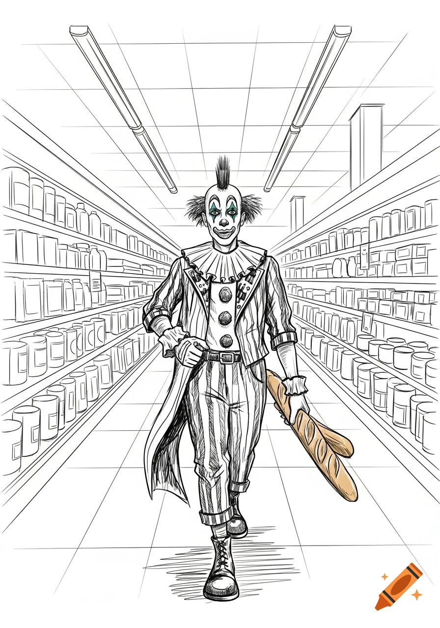 A punk-style clown with a mohawk walks in a supermarket aisle, holding two baguettes, in a detailed black and white sketch style.