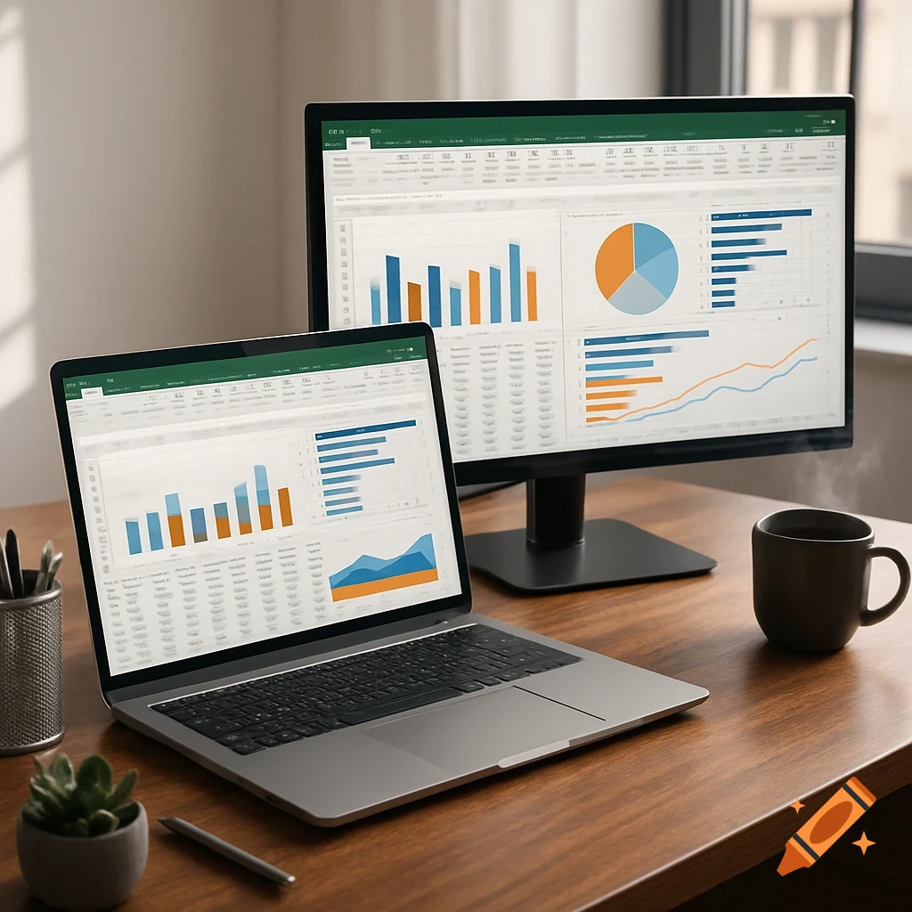 A realistic desktop setup with a silver laptop and a black monitor displaying colorful data charts and graphs, next to a steaming mug and a small plant.